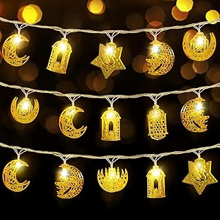 ايفاستاري اضواء رمضان الخيالية بطول 6.5 قدم مكونة من 10 مصابيح LED لتزيين رمضان، سلسلة اضواء تعمل بالبطارية على شكل نجمة وقلعة وقمر، ديكور فانوس رمضان للاحتفالات والحفلات واعياد الميلاد