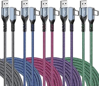 اوكراي كيبل USB نوع سي بطول 10 قدم [5 قطع]، سلك شحن سريع USB-A الى USB-C بزاوية قائمة 90 درجة، كيبل مضفر طويل متوافق مع سامسونج جالاكسي S20/S10/S9/S8، ال جي، بيكسل، اسود، ازرق، اخضر، ارجواني، زهري