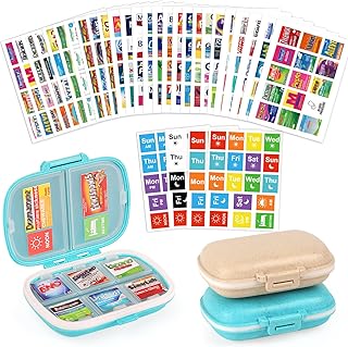 2 Pack Pill Organizer with 335 PCS Medicine Labels, Premium Travel Daily Medication Organizer with Pre-Cut Medicine Labels of Brands & 7-Day Stickers, Portable Pill Case Pill Box for Elders Women