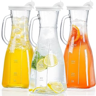 Absovetu 3 Pack Glass Water Jugs with Snap Lids and Pour Spout 1.9L/64oz - Square Water Carafe with Glass Glass Pitcher with Handle Juice Jug for Fridge Juice Ice Tea Milk