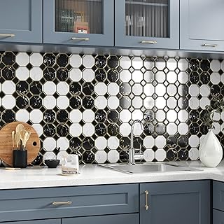 Wallercity Black/White Peel and Stick Kitchen Backsplashes Tiles 12''x12'' Self-Adhesive Gold Marble Vinyl Wall Tiles for Kitchen Bathroom 10PCS Stick on Backsplash Self-Adhesive Subway Wall Stickers