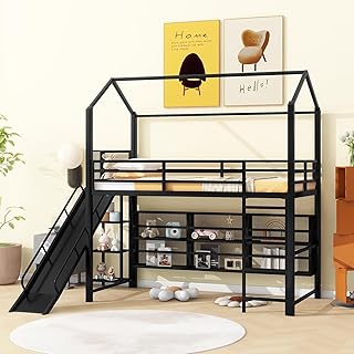 Merax Twin House Metal Loft Bed, Kids Heavy Duty Low Loft Bed Frame, Playhouse Beds with Slide, Ladder & Iron Mesh Storage Shelves for Toddlers Boys Girls, No Box Spring Needed, Easy Assembly, Black