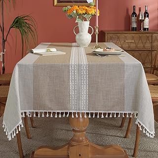 Xiao Hua Waterproof Tablecloths with Stitching Tassel,Cotton Linens Wrinkle Free Table Cover Decoration for Dining,Party,Holiday,Christmas,Buffet, Coffee Stripes Square,55"x 86"