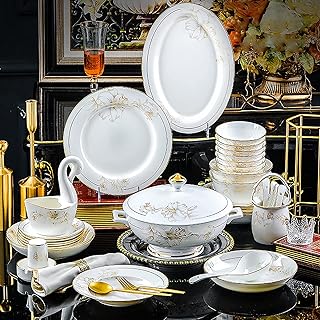 70 Pieces Dinnerware Set, Porcelain White Bone China Kitchen Dining Serving Dinner Set Service for 10 People with Round Cereal Bowls Dessert Plates Soup Plates Dishes and Soup Pot with Gold Rim