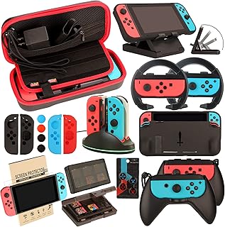 RTop Switch Accessories Bundle for Nintendo Switch: Carrying Case, Screen Protector, Joycon Grips, Steering Wheels, Charging Dock, Playstand, Comfort Joy-Con Case and More (23 in 1)