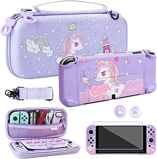 GLDRAM 10.2*4.92IN Carrying Case with 10 Game Card Slots for Nintendo Switch OLED, Accessories Kit with Unicorn Travel Bag+Protective PC Cover+Screen Protector+Adjustable Shoulder Strap+2 Thumb Caps