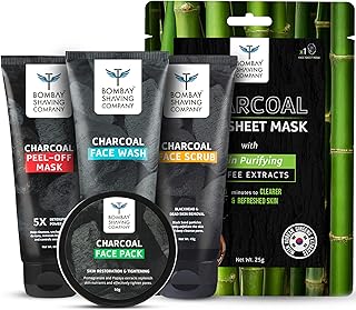 Bombay Shaving Company Charcoal De-Tan & Glow Kit Face Wash, Scrub, Face Pack, Charcoal Sheet Face Mask, Vitamin C Serum