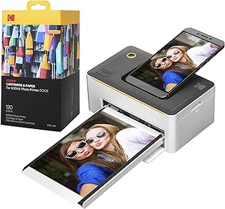 طابعة صور فورية محمولة ممتازة 4 × 6 بوصة من Kodak Dock (نسخة 2022) مغلفة مع 130 ورقة | صور ملونة بالكامل، عملية التصفيح و4 باس | متوافقة مع أجهزة iOS وأندرويد، وأجهزة بلوتوث، من كوداك، حراري