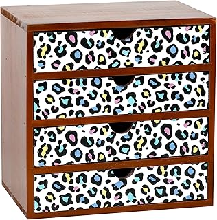 Colorful Leopard Print Wooden Desk Organizer - 4-Drawer Desktop Storage Cabinet for Office Supplies, Craft Tools & Home Organization - Trendy Wood Design for Crafters, Art Enthusiasts, Students