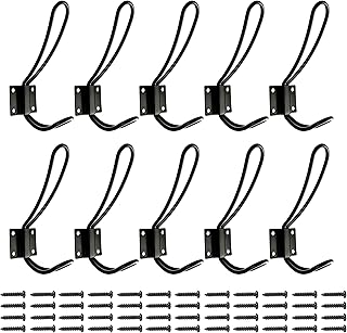 خطافات للمدخل بتصميم ريفي | 10 عبوات من شماعات المعاطف المزدوجة المثبتة على الحائط باللون الاسود مع براغي معدنية كبيرة متضمنة، سبيكة صلب