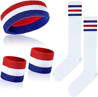 5 Pcs Striped Sweatband Striped Sock Set Wrist Sweatband Headband High Striped Headband for Men Women Sports 80s Party