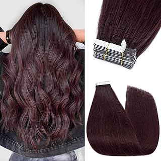 Silk-co 35 cm Adhesive Extensions Natural Hair 2 g x 10pcs Invisible Adhesive Tape Without Clips 100% Remy Straight Human Hair Tape in Human Hair, 20 g #99 Wine Red