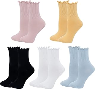 Cute Ruffle Socks for Women, Funny Cotton Crew Socks, Frilly Ankle Socks Women 5 Pairs