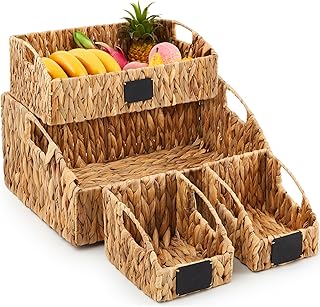 Wonderjune 4 Pcs Natural Water Hyacinth Storage Baskets Handwoven Wicker Storage Bins with Chalkboard Labels, Built-in Handles Woven Storage Container Baskets Organizing for Kitchen Shelves Bedroom