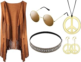 5 Pieces Women Hippie Costume Set Faux Suede Fringe Vest Tassels Sleeveless Cardigan for Halloween 60s 70s Party Accessory