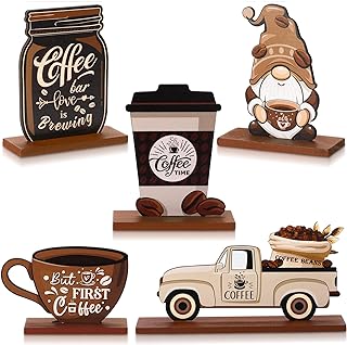 Blulu 5 Pieces Coffee Bar Decor Sign Farmhouse Coffee Bar Wood Signs Rustic Cafe Wooden Table Centerpiece Cafe Table Tiered Tray Decor for Home Kitchen Decorations