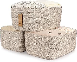 Maxuni 3-Pack Cotton Rope Baskets for Organizing, Fabric Square Storage Baskets, Woven Closet Storage Bin for storage Clothes Toys Books Towels Square Wicker Nursery basket organizer-Mixed brown