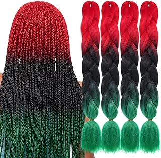 Solsew 4 Packs Black History Month Braiding Hair Juneteenth African Jumbo Braiding 24 Inch Jumbo Colored Braid Hair Red Black Green Ombre Braiding Hair Extension High Temperature Fiber Braid for Women