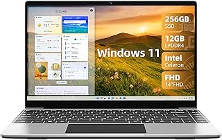 جمبر لابتوب 12GB LPDDR4 RAM، 256GB SSD ROM، شاشة 14 انش 1080P FHD IPS، ويندوز 11 مع معالج سيليرون رباعي النواة، بطاقة رسومات UHD 600، 2 مكبر صوت ستيريو، قابل للحمل