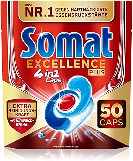 Somat Excellence Plus 4-in-1 Caps (50 Caps), Dishwasher Tablets in 100% Water-Soluble Case, Somat Caps with Extra Cleaning Power* and Soaking Effect, Recyclable