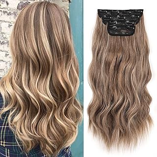 Mscat 16 Inch Clip Hair Extensions Dark Brown with Blonde Clip in Hair Extensions Synthetic Hair pieces 4PCS Full Head Set Thick Curly Wavy Synthetic Hair Extensions(8AH18)