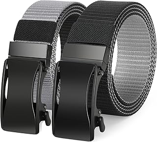 Men's Ratchet Belt Reversible, Web Nylon Belt for Men, 1.38" Automatic Buckle No Holes Invisible Belt, 2 Styles in One Belt