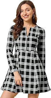 Allegra K Women's Flannel Plaid Long Sleeve Work Office Zip Up Fit and Flare Mini Dress