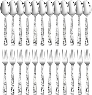 اي فار مجموعة شوك وملاعق فضية مطروقة من 24 قطعة، 12 شوكة عشاء مربعة من الستانلس ستيل و12 ملعقة عشاء، ادوات مائدة معدنية عصرية للمطبخ والمطاعم، امنة للاستخدام في غسالة الصحون - 7.9 انش