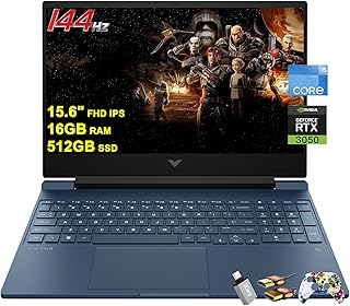 HP لابتوب العاب فيكتوس 15 15.6 انش FHD IPS مضاد للتوهج 144Hz انتل ثماني النواة i5-12450H (افضل من i7-11800H) 16GB RAM 512GB SSD جيفورس RTX 3050 اضاءة خلفية بي اند او شحن سريع ويندوز 11 ازرق مع ملحقات