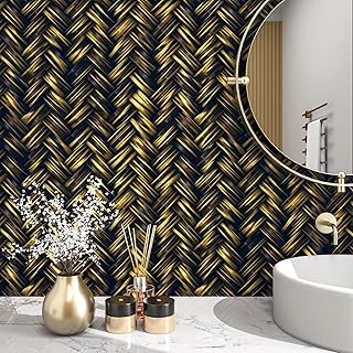 FunStick Black and Gold Rattan Wallpaper Peel and Stick Modern Herringbone Wall Paper for Bathroom Bedroom Apartment Friendly Removable Faux Rattan Contact Paper for Walls Furniture Decor 17.5"x118"