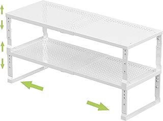 Jojocross Expandable adjustable stackable kitchen organizer, spice rack,Metal Pantry Storage Shelves Rack,Counter Shelf for Cabinets, Countertop, Cupboard(2 PACKS/MEDIUM/WHITE)