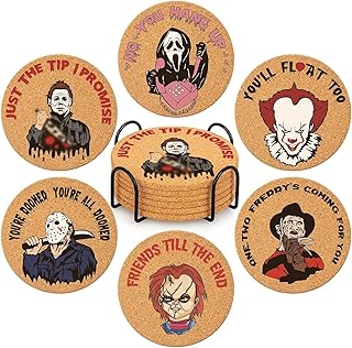 Horror Movie Merchandise Halloween Coasters Set of 6 Spooky Coasters Set with Holder Cute Cork Coasters for Horror Movie Decor Horror Movie Coasters for Kitchen Table Office Decor Horror Movie Gifts