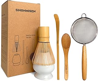 SHONMISEN Bamboo Matcha Whisk Set -Matcha Whisk (Chasen),Whisk Holder(White),Sifter,Tea Scoop and Tea Spoon