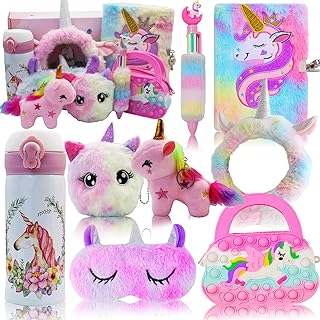 Duccsko Unicorn Gifts for Girls Kids Toys Ages 6 7 8 9 10-12 Year Old,Plush Diary/Water Bottle/Headband/Eye Mask/Purse/Pen - Unicorns Themed Gift Set,Cool Girl Birthday Gift,Christmas Presents