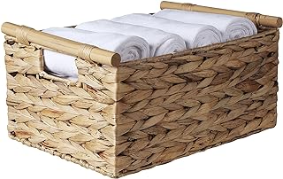 Hand-Woven Wicker Basket With Handle,Rectangular Storage Basket,Water Hyacinth Woven Basket,Magazine Shelf Basket,Towel Storage Basket for Living Room Bathroom Office (Large 14.3 x 10.6 x 6.4 In)