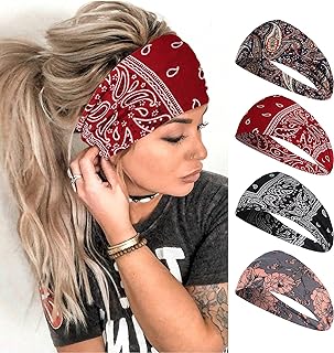 Vemalo Wide Headbands for Women, Boho Bandeau Head Bands, Workout Head Wraps, Stretch No Slip Hair Wraps Pack of 4