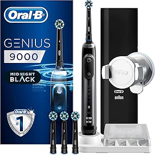 فرشاة أسنان كهربائية Oral-B Genius 9000 CrossAction ، مقبض واحد متصل بتطبيق أسود منتصف الليل ، 6 أوضاع مع العناية الحساسة واللثة ، مستشعر الضغط ، 4 رؤوس لفرشاة الأسنان ، حقيبة سفر USB ، قابس المملكة ا