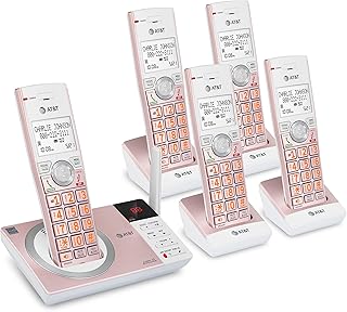 AT&T CL82557 DECT 6.0 هاتف لاسلكي 5 هواتف للمنزل مع جهاز الرد ، وحظر المكالمات ، ومذيع معرف المتصل ، والاتصال الداخلي وطويل المدى ، ذهبي وردي