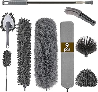 9 Pieces Duster Telescopic Washable Duster Length Extendable up to 245 cm, Mini Window Cleaning Brush, Microfibre Bendable Corner Broom for High Ceiling, Ceiling Fan, Cobwebs and Chandeliers