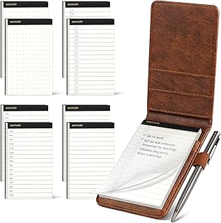 WEMATE 10 Pieces Notepad Holder Set Pocket Notebook - Included Mini Pocket Notepad Holder Set with 8 Memo Book Refills and Metal Pen for Meetings, Daily Records, and Notes 3 x 5 Inch (Brown)