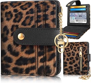 Pegmode Wallet Women Slim Cute Leather Thin Bifold Small Card Wallet Purse for Ladies Teen Girls Female Medium Aesthetic Tiny Cheetah Print Simple Unique Pretty Modern Credit Card Holder Keychain Rfid