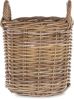 Virginia Hayward Wicker Storage Basket - Small Durable Round Log Basket for Kindling, Natural Wicker Handcrafted Rustic Hamper Basket with Handles 280mm x 370mm