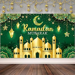 زينة رمضان مبارك، لافتة خلفية اسلامية رمضان كريم، لافتة عيد مبارك، خلفية تصوير للمنزل بنمط اسلامي لشهر رمضان عيد الفطر للمسلمين، لوازم الحفلات (اخضر)