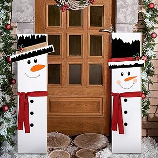 Memorywuu 2 Pcs Winter Wooden Porch Sign Snowman Porch Sign Rustic Winter Vertical Sign Farmhouse Home Wall Hanging Decors Christmas Xmas Holiday Yard Decor for Front Door Outdoor Indoor Decor