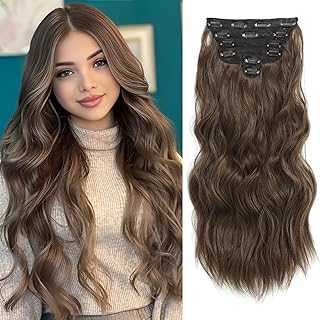 Clip in Hair Extension, 20 Inch Hair Extensions Clip in 6 Pcs Synthetic Curly Hair Extensions Thick Long Wavy Hair Pieces for Women-Chestnut Brown