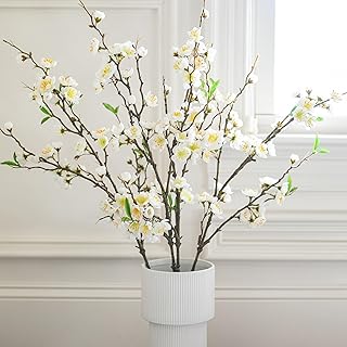 florisso Cherry Blossom Branches Artificial Flowers Spring Indoor Decoration, 4 PCS Faux Long Stems Plum Fake Peach Plants Real Touch Silk for Wedding Home Bedroom Party Table Office, White