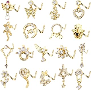 TAMHOO 18Pcs 18G Nose Rings L Shape Nose Ring Stud for Women-Butterfly Nose Ring - Heart Nose Ring- Gold Nose Studs for Women