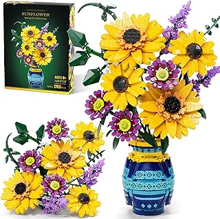 Sunflower Bouquet Building Blocks with Vase Set - Valentines Day Gifts for Her Him Artificial Flower Botanical Collection for Home Decor DIY Birthday Gifts for Women Men Adult Mom Wife Teens- 1769PCS