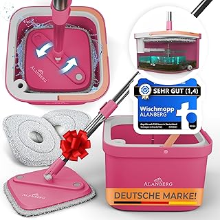 ALANBERG® Mop Set with Bucket, Two-Chamber System, Separation of Dirt and Fresh Water, Floor Mop for All Floor Types, Self-Wringing, Microfibre Mop Pads (Pink, Mop Set)