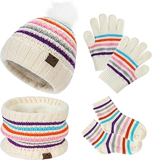 Kids Hat Gloves Scarf Set: Winter Warm Beanie Hats Toddler Knit Neck Warmer Gaiter Fleece Lined Mittens with Socks Boys Girls